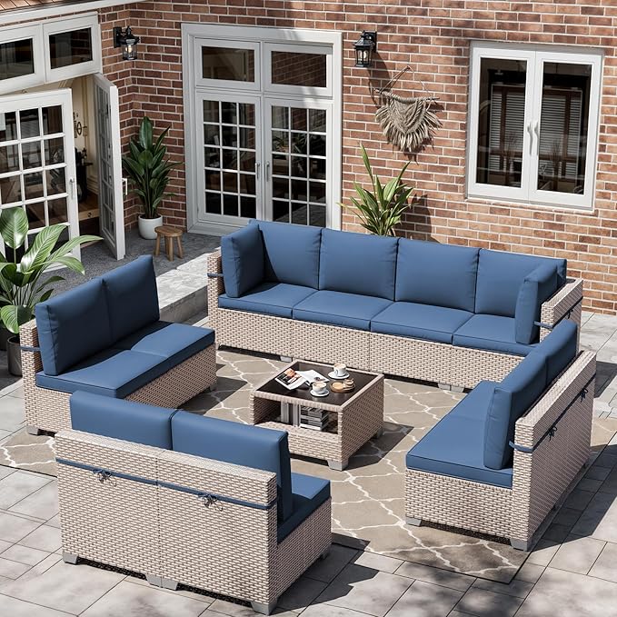 11 Pieces Patio Furniture Set, Outdoor Sectional Wicker Sofa with Thick Cushions and Storage Coffee Table, Rattan Patio Conversation Sets for Deck Garden Poolside, Navy