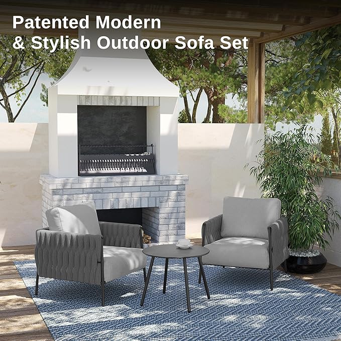 EAST OAK Modern 3 Pieces Patio Conversation Set, Armchairs with Coffee Table, Outdoor Furniture Set with Cushion, Earth Black & Misty Grey