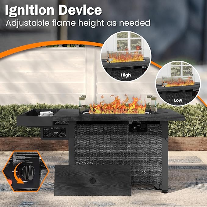 52 Inch Wicker Outdoor Fire Table, 50,000BTU Propane Fire Pit Table with Windshield, Side Basket, Rain Cover, CSA Certified, Patio Fire Pit for Garden, Backyard, Balcony, Poolside, Grey