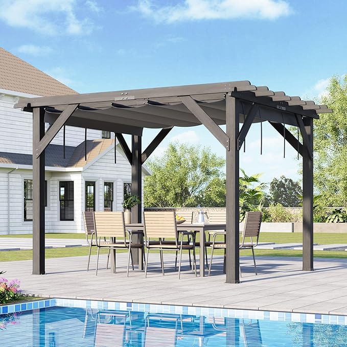 10x12 Ft Outdoor Wood Pergola with Retractable Roof & Mounting Kit Wooden Gazebo, Premium Support Structure, Wind and Snow Supported, Modern Outdoor Pergola for Porch, Grapevine and Deck