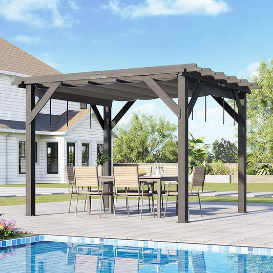 10x12 Ft Outdoor Wood Pergola with Retractable Roof & Mounting Kit Wooden Gazebo, Premium Support Structure, Wind and Snow Supported, Modern Outdoor Pergola for Porch, Grapevine and Deck