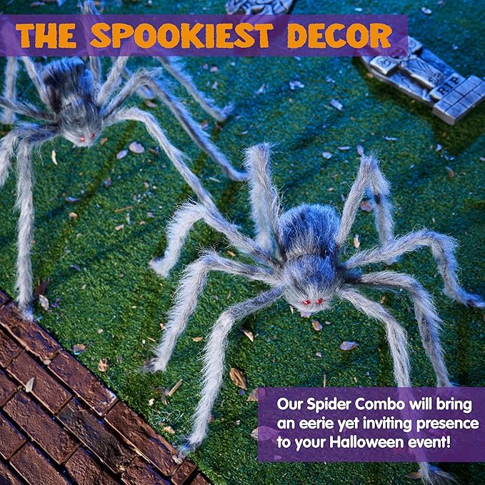 JOYIN 2 Pack 5 Ft Halloween Outdoor Decorations Hairy Gray Spider, Scary Fake Giant Large Spider Haunted House Props, Halloween Lawn Porch Yard Garden Tree Decorations Party Indoor Decor