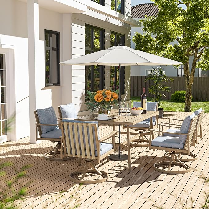 HAPPATIO 7-Piece Outdoor Dining Set for 6, Aluminum Patio Dining Set Includes 6 Swivel Dining Chairs and 1 Large Rectangular Table with Umbrella Hole, Patio Furniture Set for Lawn, Porch, Brown