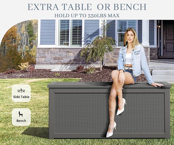 NUNU LAB 260 Gallon Outdoor Storage Box,Resin Large Sturdy Deck Box, Backyard Outside Storage Box Waterproof with Double Wall Panels,Package Delivery Garden Outdoor Hose