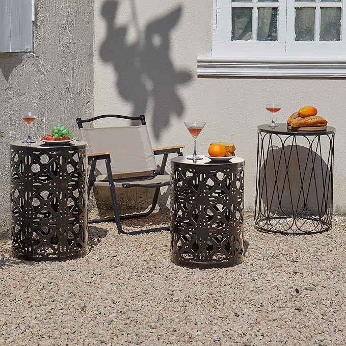 Y&M Set of 3 End Tables, Nesting Metal Round Coffee Table, Heavy Duty Metal Plant Stand Garden Stool, Outdoor Multifunctional Use Black with Bronze (Ship from US)