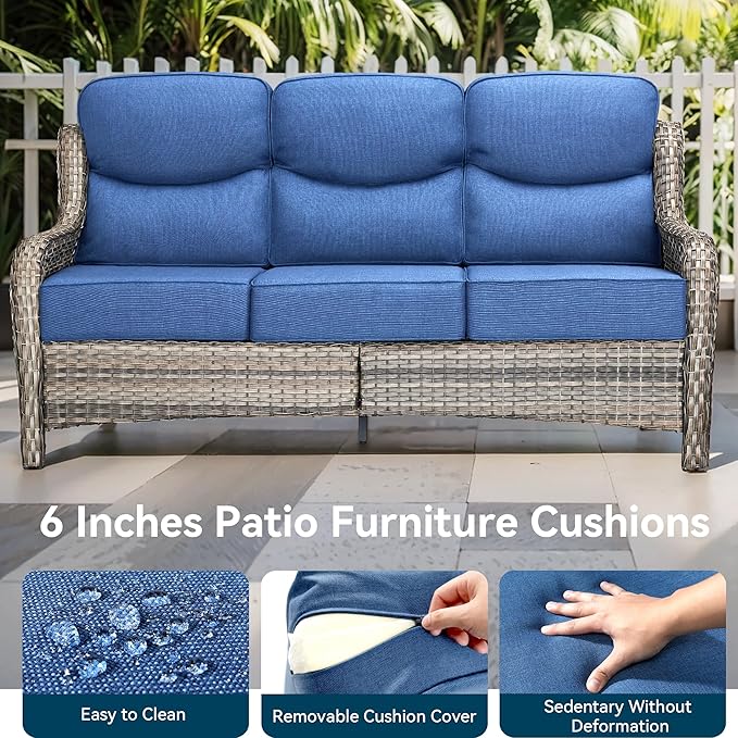 Luxury High Back Outdoor Furniture 6-Inch Thick Cushions with 50,000 BTU Gas Propane Fire Pit Tablet, Patio Furniture Set with Swivel Chairs, for Porch, Balcony, Deck and Yard