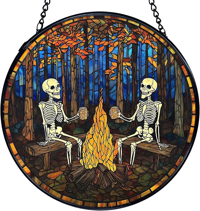 TNUW Halloween Fall Skeleton Stained Glass Window Hanging, Gothic Skeleton Autumn SunCatchers Indoor Window Glass Round Wall Art Decor, Halloween Fall Wall Hanging Decorations, 7.9＂x7.9＂