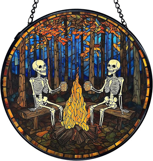 TNUW Halloween Fall Skeleton Stained Glass Window Hanging, Gothic Skeleton Autumn SunCatchers Indoor Window Glass Round Wall Art Decor, Halloween Fall Wall Hanging Decorations, 7.9＂x7.9＂