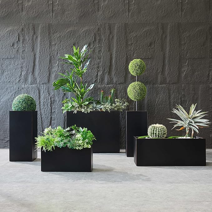 Metallic Heavy Outdoor Planter Box, Span Planter, Pure Black with Hand Brushed Gold Rim, Long and Tall Divider Planter, No Assembly and Seamless, 38”Lx10”Wx30”H 48.8 Pounds