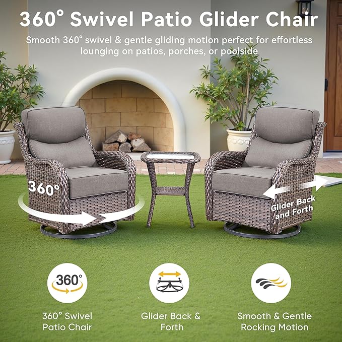 Luxury High Back Outdoor Swivel Rocker Patio Chairs with Side Table & 6-Inch Thick Cushions, 3 Pieces Patio Furniture Set for Porch, Balcony, Deck and Yard
