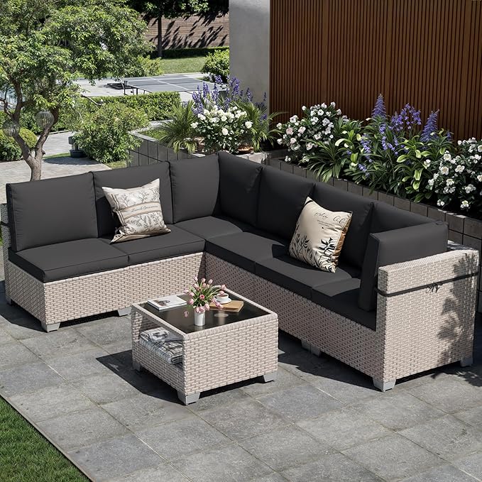7 Pieces Patio Furniture Set, Outdoor Sectional Wicker Sofa with Thick Cushions and Storage Coffee Table, Rattan Patio Conversation Sets for Deck Yard Poolside, Black