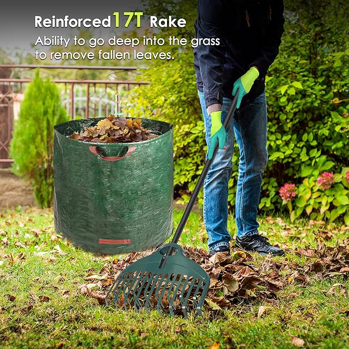 ORIENTOOLS 17Tines Double Row Garden Rake Set with 9Tines Leaf Hand Rakes, 272L Leaves Bin and Gardening Gloves for Scooping and Picking up Leaves, Clear and Collect Garden Rake Kit