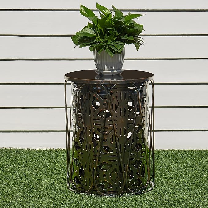 Y&M Set of 3 End Tables, Nesting Metal Round Coffee Table, Heavy Duty Metal Plant Stand Garden Stool, Outdoor Multifunctional Use Black with Bronze (Ship from US)