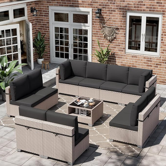 11 Pieces Patio Furniture Set, Outdoor Sectional Wicker Sofa with Thick Cushions and Storage Coffee Table, Rattan Patio Conversation Sets for Deck Garden Poolside, Black
