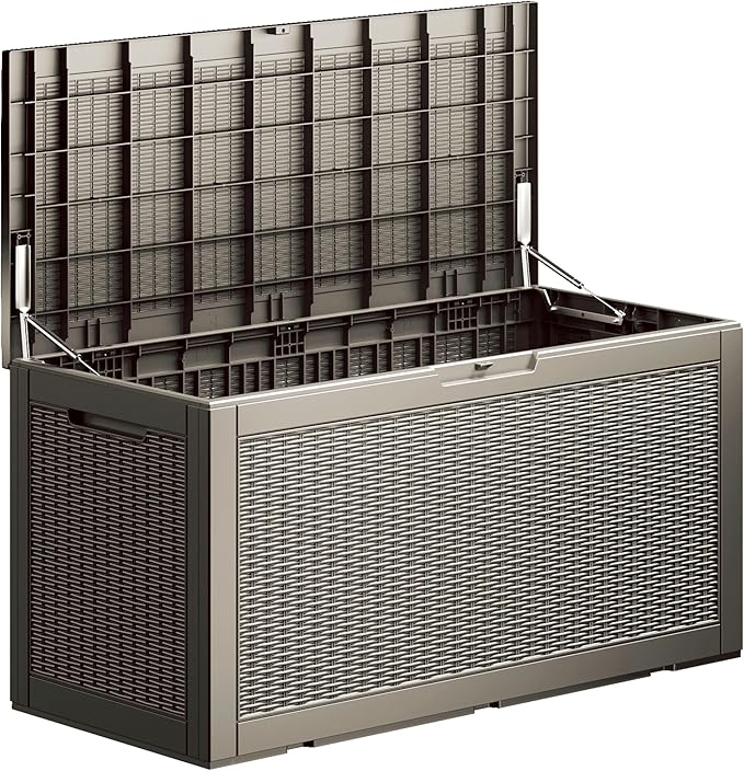 100 Gallon Deck Box, Resin Outdoor Indoor Waterproof Storage Box, Lockable Storage Box With Handle for Patio Furniture - Garden Tools - Swimming Pool Tools UV-Resistant, Brown
