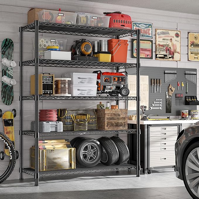 REIBII 1984LBS Storage Shelves with Wheels 75.2"H Wire Shelving Unit, Metal Shelving with Wheels & Feet, 5 Tier Adjustable Metal Dorm Storage Shelves for Pantry Kitchen Garage, 75.2"H x 35.5"W x 16"D