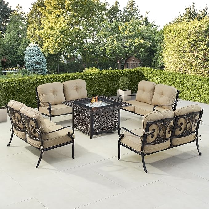 Oakland Living POPPY-4LS-MAYAN-TNCU-AC Black Aluminum Patio Fire Table Set with Four Deep Seating Loveseat with Cushions, Antique Copper