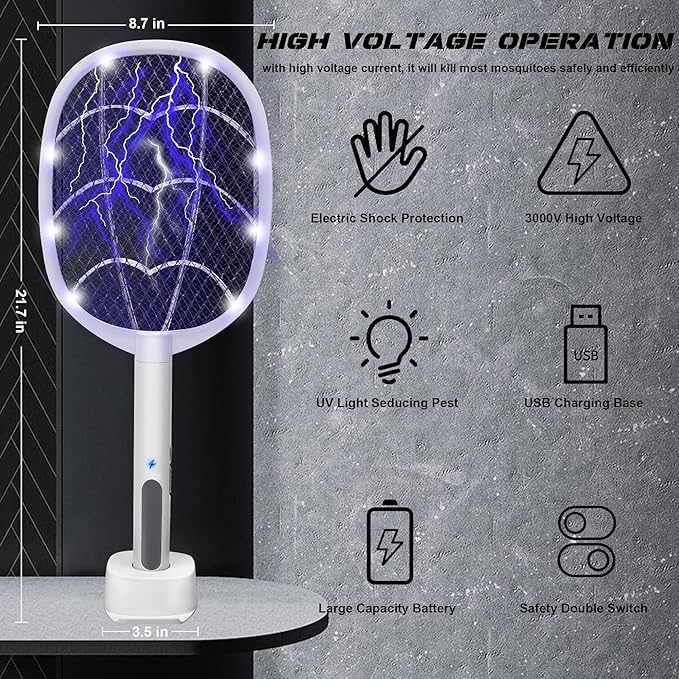 Electric Fly Swatter Rackets, 2-in-1 Handhold Bug Zapper with 3000V High Voltage, Plug-in Mosquito Killer Insect Light Trap with 3 Layer Safety Mesh Portable for Indoor Outdoor Use (2)
