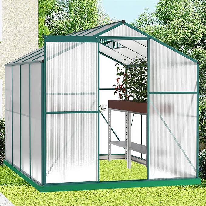 8x6 FT Greenhouses for Outdoors, Outside Heavy Duty Walk in Green House for Garden Plants, UV Protection Adjustable Roof Vent, Thermostatic Waterproof and Insect Resistant, Green