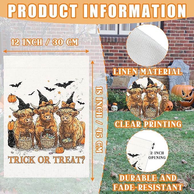 Trick or Treat Halloween Garden Flag for Outside, 12x18 Inch Double Sided Halloween Highland Cow Pumpkin Yard Flag, Farmhouse Small Yard Flags for Outdoor Decorations, Holiday Decor Gifts-A09