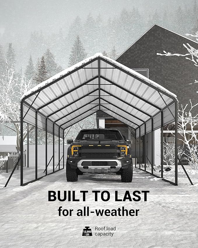 13'x26'x11' Oversized Metal Carport, Steel Heavy Duty Car Ports for All-Weather, Tall Carport for Full-Size Pickup Trucks, Boats, and Tractors, N.W. 780 Lbs