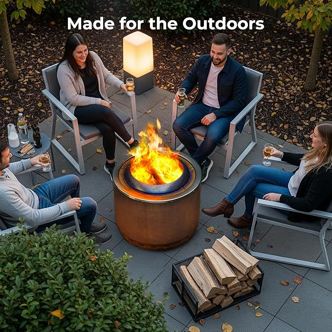 KOL 20" Dia Smokeless Fire Pit Outdoor with Pre-Rusted Finish, 16 Gauge Corten Steel & 201 Stainless Steel Wood Burning Firepit, Backyard Patio Rotary Flame Stove with Removable Ash Pan