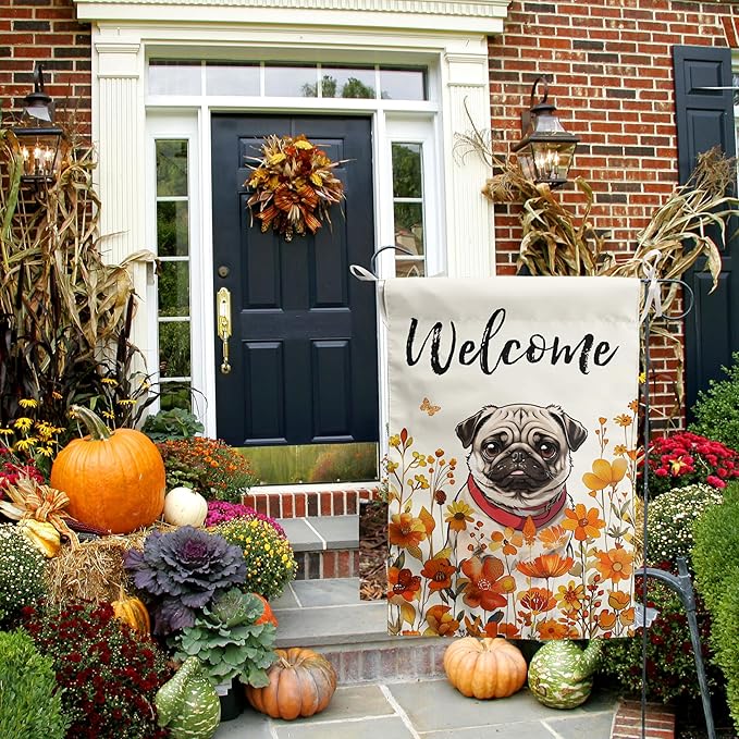 Floral Pug Garden Flag Fall Yard Flag Wildflower Dog Garden Flags Orange Autumn Lawn Flags Welcome Thanksgiving Outdoor Flags for Outside 12x18 Double Sided Small