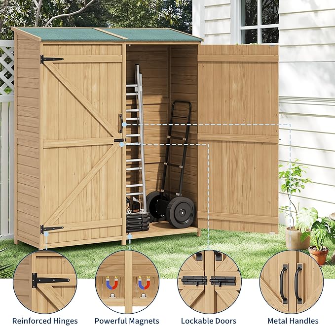 Wooden Storage Cabinet, Outdoor Tools Shed with Waterproof Roof, Double Lockable Doors and 2 Adjustable Shelves, Lockable Garden Shed for Patio, Garden, Backyard, Lawn