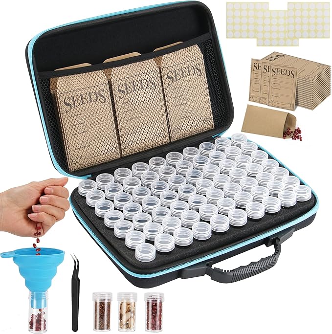 70 Slots Seed Storage Organizer, Garden Seeds Saver kit Seed Organizer with 20 Seed Envelopes, Write Label, Funnel, Tweezer for Flower Plants Vegetable Seed Saving (Seeds not Included)