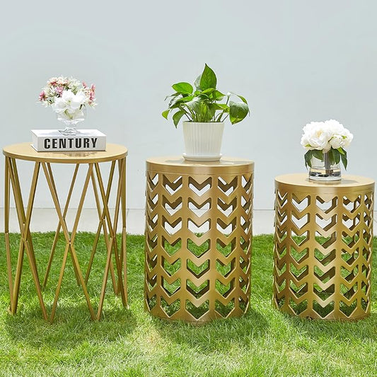 Y&M Set of 3 Gold End Tables, Nesting Metal Round Coffee Table, Heavy Duty Metal Plant Stand Garden Stool, Outdoor Multifunctional Use