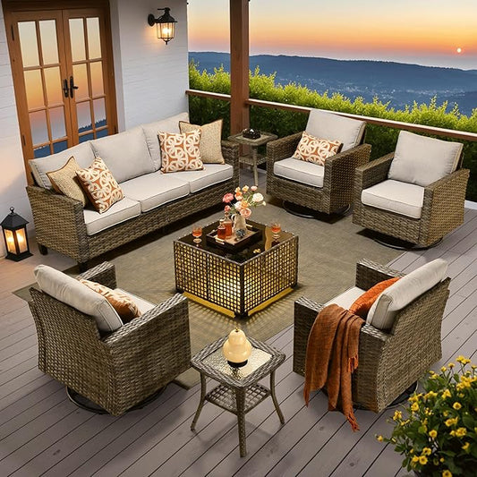 ovios 8 Pieces Patio Furniture Set with Swivel Chairs Rocking Gliders, Outdoor Sofa Couch with Solar Lights Table Comfy Cushions, Modern Deep Seat Wicker Rattan Conversation Set, Grey