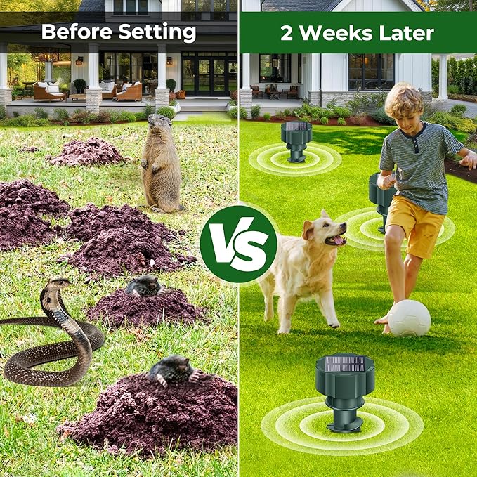 Mole Repellent Solar Powered – Ultrasonic Animal Deterrent Stakes for Gopher, Snake, Vole, Groundhog – Waterproof Sonic Spikes for Yard, Lawns, Garden & Outdoor (4 Pack)
