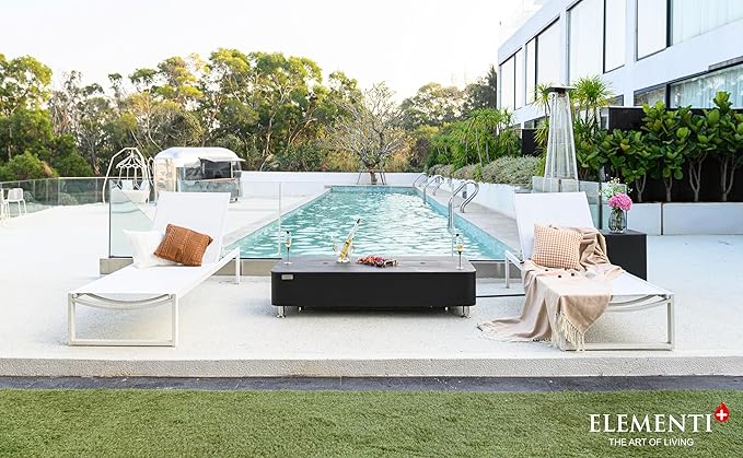 Elementi+ | Valencia Gas Fire Pit | Cast Concrete Body & Marble Porcelain Top | 62" Rectangular Fire Table | Electronic Ignition | Canvas Cover, Fire Glass & Burner Lid Included | Black | Natural Gas