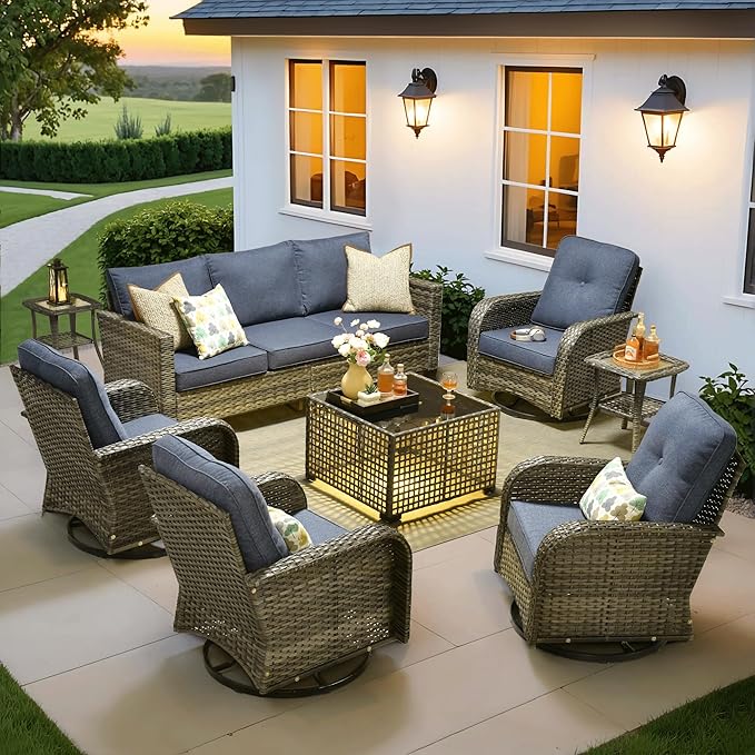 ovios 8 Pieces Patio Furniture Set, Outdoor Wicker Sofa Couch with Rocking Swivel Chairs Solar Lights Table, Modern Deep Seat Rattan Conversation Sets for Porch Deck, Denim Blue