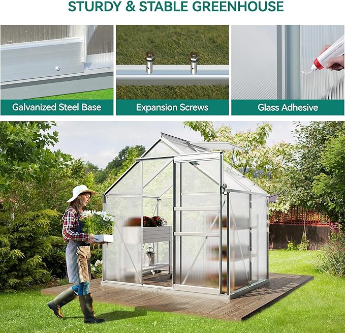 YITAHOME 10x12FT Polycarbonate Greenhouse for Outdoors, Large Heavy Duty Aluminum Greenhouses with Sliding Doors and Vent Window, Walk-in Greenhouse for Garden Backyard, Simple Setup, Silver