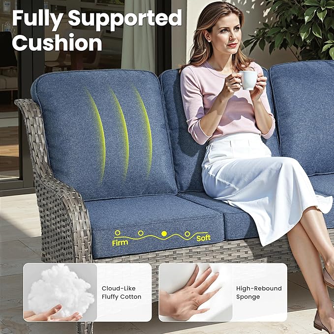 ovios 9 Pieces Patio Furniture Set, Outdoor Wicker Sofa Couch with Swivel Chairs Ottomans Comfy Cushions, All Weather High Back Modern Conversation Sets, Grey Rattan, Denim Blue