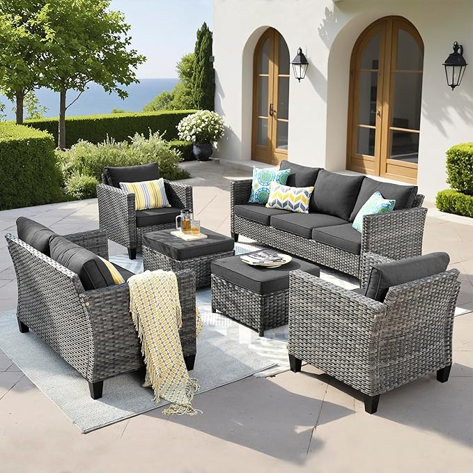 ovios Patio Furniture Set, 6 Pieces Outdoor Wicker Sofa Couch with Loveseat, Ottomans and Comfy Cushions, All Weather High Back Rattan Conversation Set, Black
