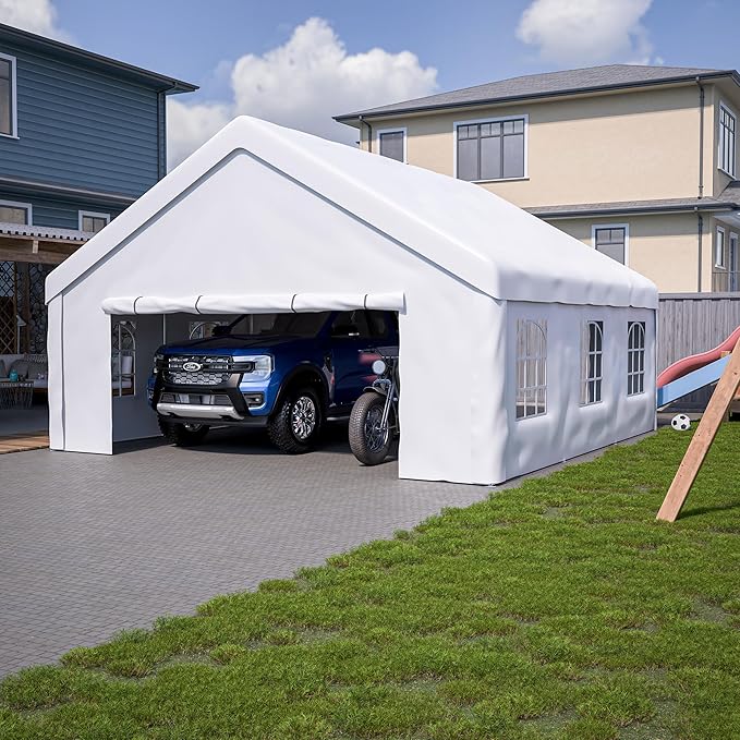 Heavy Duty Car Port - 20'x20' with Roll-up Sidewall, Ventilated Windows, Removable Sidewalls, Portable Outdoor Garage for Car, Truck, Boat, Canopy, Gray