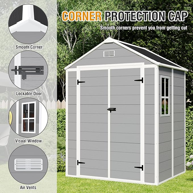 6x5 FT Resin Storage Shed,Garden House with Floor & Lockable Door,Waterproof Plastic Tool Sheds W/Slanting Roof Visual Window & Air Vents for Bicycles,Lawnmowers,Lawn,All Weather Use,Gray