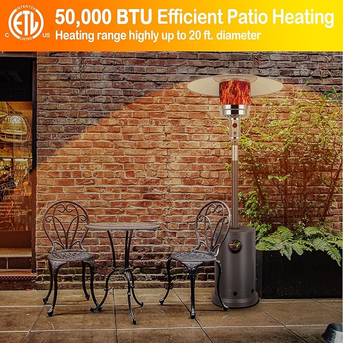 Hykolity 50,000 BTU Propane Patio Heater with Table Design, Stainless Steel Burner, Triple Protection System, Wheels, Outdoor Heaters for Patio, Garden, Commercial and Residentia(Brown)