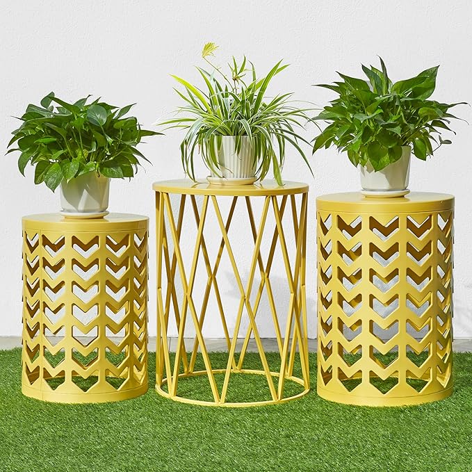 HFHOME Set of 3 Metal Side End Tables Nightstand, Nesting Round Coffee Table for Indoor Outdoor, Heavy Duty Metal Plant Stand Living Room Garden Stool - Yellow