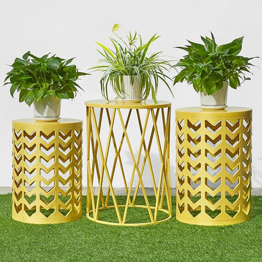 HFHOME Set of 3 Metal Side End Tables Nightstand, Nesting Round Coffee Table for Indoor Outdoor, Heavy Duty Metal Plant Stand Living Room Garden Stool - Yellow