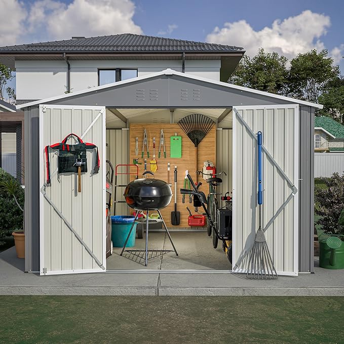 10×10 FT Outdoor Storage Shed,Metal Aluminum Waterproof Tool Sheds with Doors and Vents,Heavy-Duty Sheds Unit W/Lock and Key,for Storing Bicycles,Lawnmowers,Barbeques,Gray