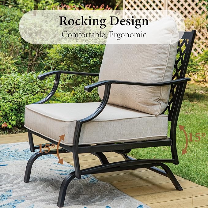 Patio Furniture Set with Firepit Table, 4 Pcs Metal Outdoor Conversation Set, 2 Rocking Chairs and 3 Seater Sofa with 5.75" Extra Thick Cushion and Gas Fire pit Table for Backyard Deck, Beige