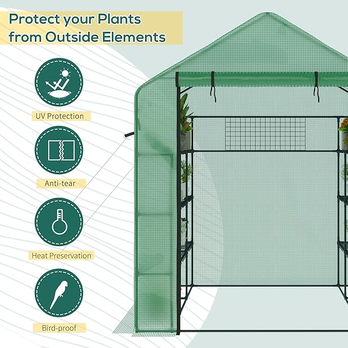 Outsunny 8' x 6' x 7' Walk-in Greenhouse with Mesh Door and Windows, 18 Shelf Green House with Trellis, Plant Labels, UV Protective for Growing Flowers, Herbs, Vegetables, Saplings, Green