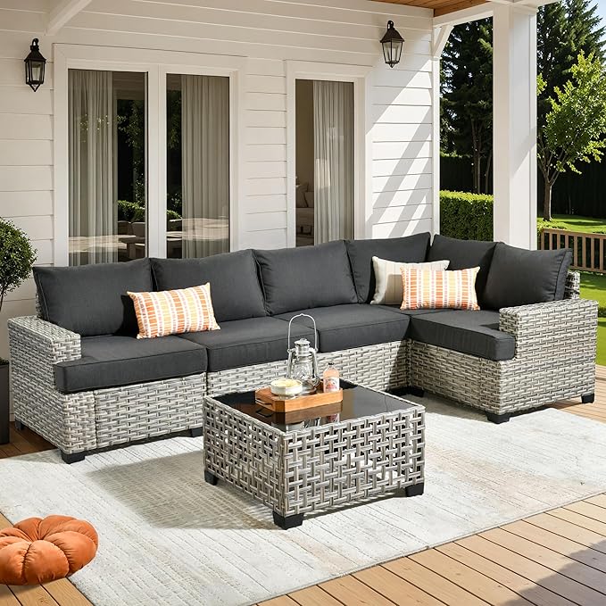 HOOOWOOO Outdoor Sectional Patio Furniture Set,6 Pieces Wicker Conversation Sets L Shaped Couch,Extra Deep Out Door Sofa Outside Furniture,Black