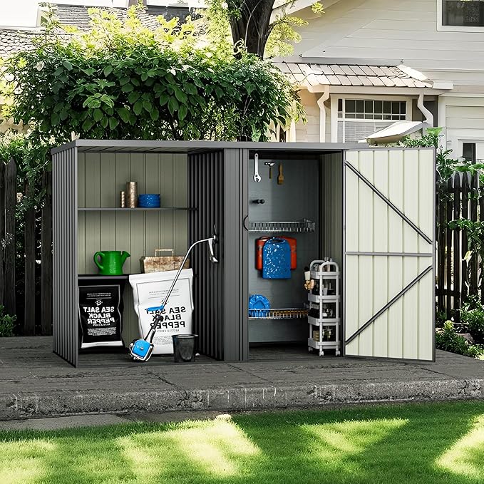 8×4 FT Metal Outdoor Storage Shed with Shelves, Lockable Waterproof Garden Tool Shed, Robust Backyard Patio Shed with Sloped Roof for Lawn Mower, Dark Gray (No Floor)