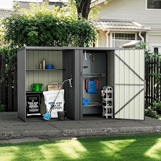 8×4 FT Metal Outdoor Storage Shed with Shelves, Lockable Waterproof Garden Tool Shed, Robust Backyard Patio Shed with Sloped Roof for Lawn Mower, Dark Gray (No Floor)