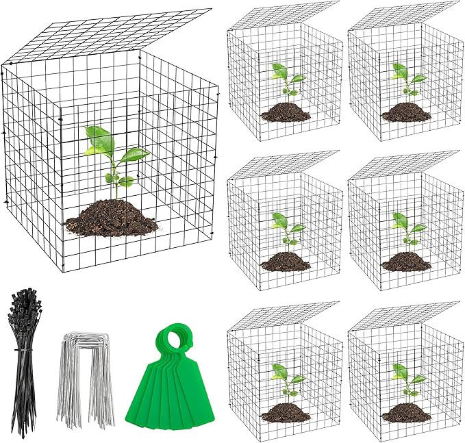 Adnee 7 Pack Wire Plant Protector with Cover-12x12x12 Inch Detachable Square Wire Cages to Prevent Animals-Metal Garden Plant Protector Cages for Protecting Plants Vegetables Flowers