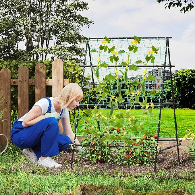 Garden Trellis for Climbing Plants Outdoor, A Frame Plant Trellis with Climbing Net, Coated Metal Poles, Twisted & Clips, Grape Trellis Plant Support for Vines, Vegetables, Fruit & Flower